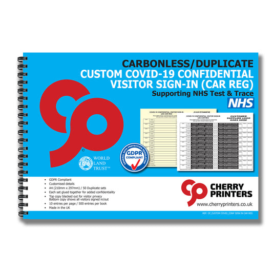 NCR *CUSTOM* Covid Confidential Visitor Sign in with Car Reg Duplicate Wiro Book A4 50 sets GDPR | 2 Book Pack