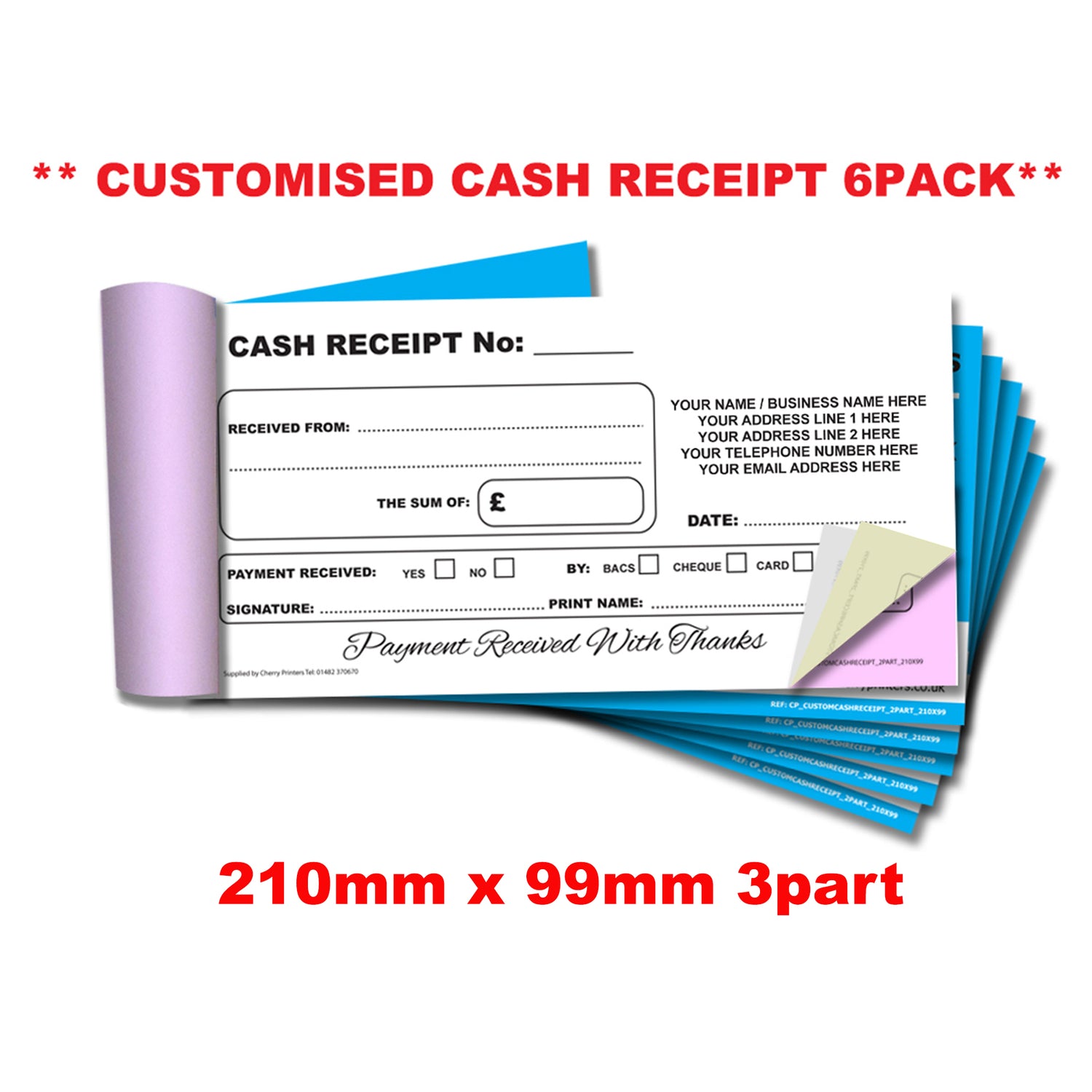 Triplicate Checks NCR *CUSTOM* Cash Receipt Triplicate Book 99x210mm | 6 Book Pack ...
