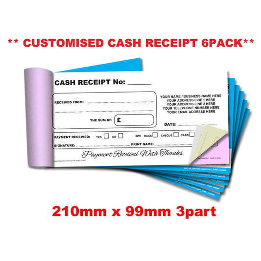 NCR *CUSTOM* Cash Receipt Triplicate Book 99x210mm | 6 Book Pack