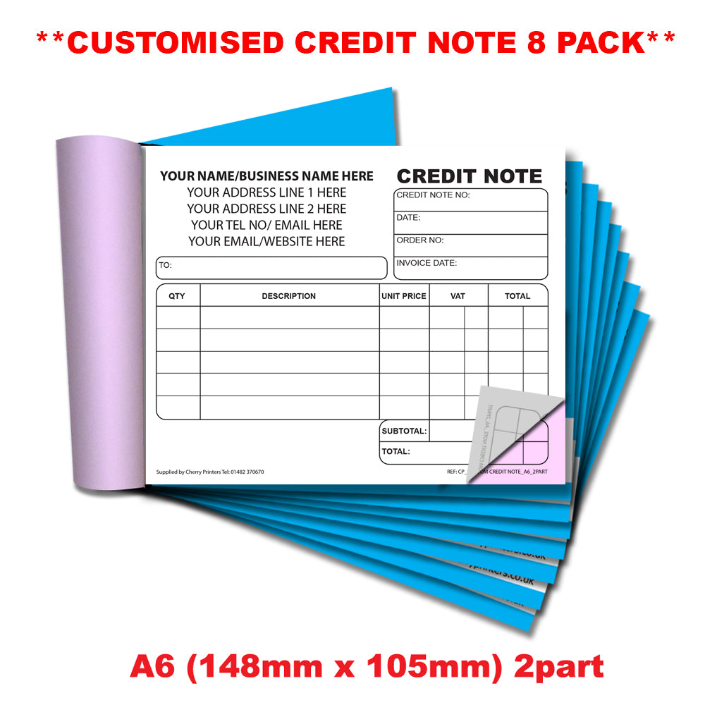 Bank Note Copy NCR *CUSTOM* Credit Note Duplicate Book A6 | 8 Book Pack – Cherry ...