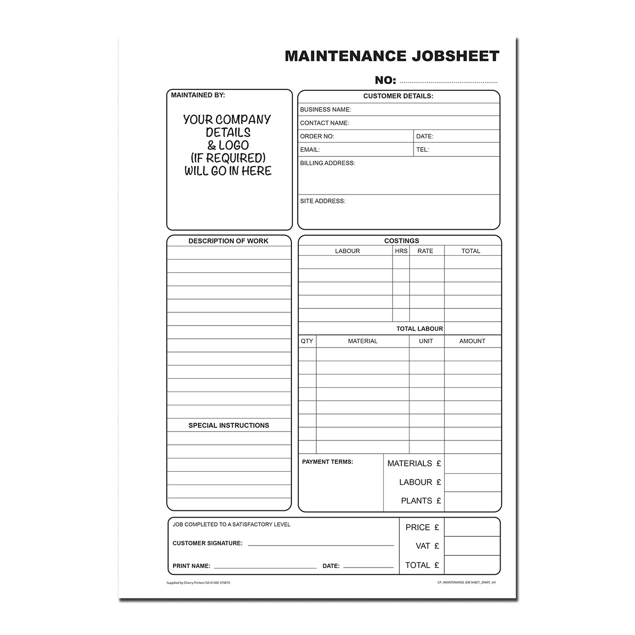 NCR *CUSTOM* Maintenance Jobsheet Triplicate Book A4 | 2 Book Pack