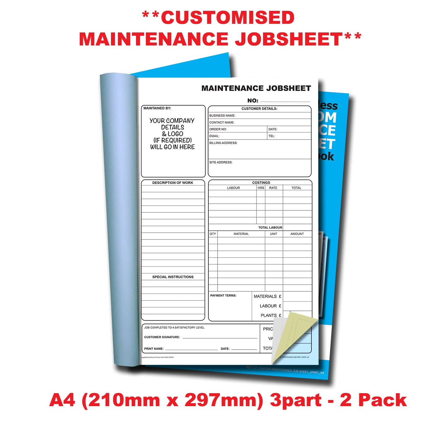 NCR CUSTOM Maintenance Jobsheet Triplicate Book A4 2 Book Pack Ncr custom maintenance jobsheet triplicate book a4 2 book pack