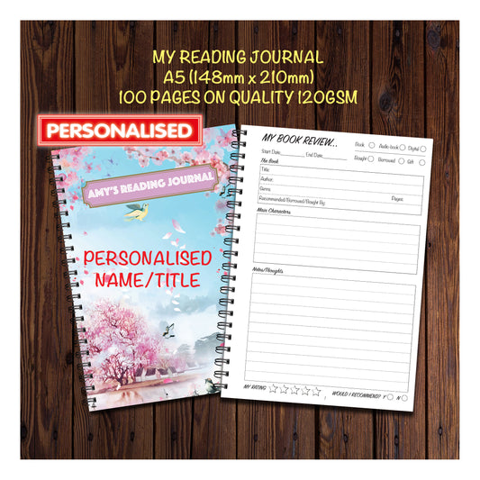 PERSONALISED Reading Journal | Book Journal | Book Review | 50 double sided pages | A5 148mm x 210mm | Quality 120gsm | Wirobound