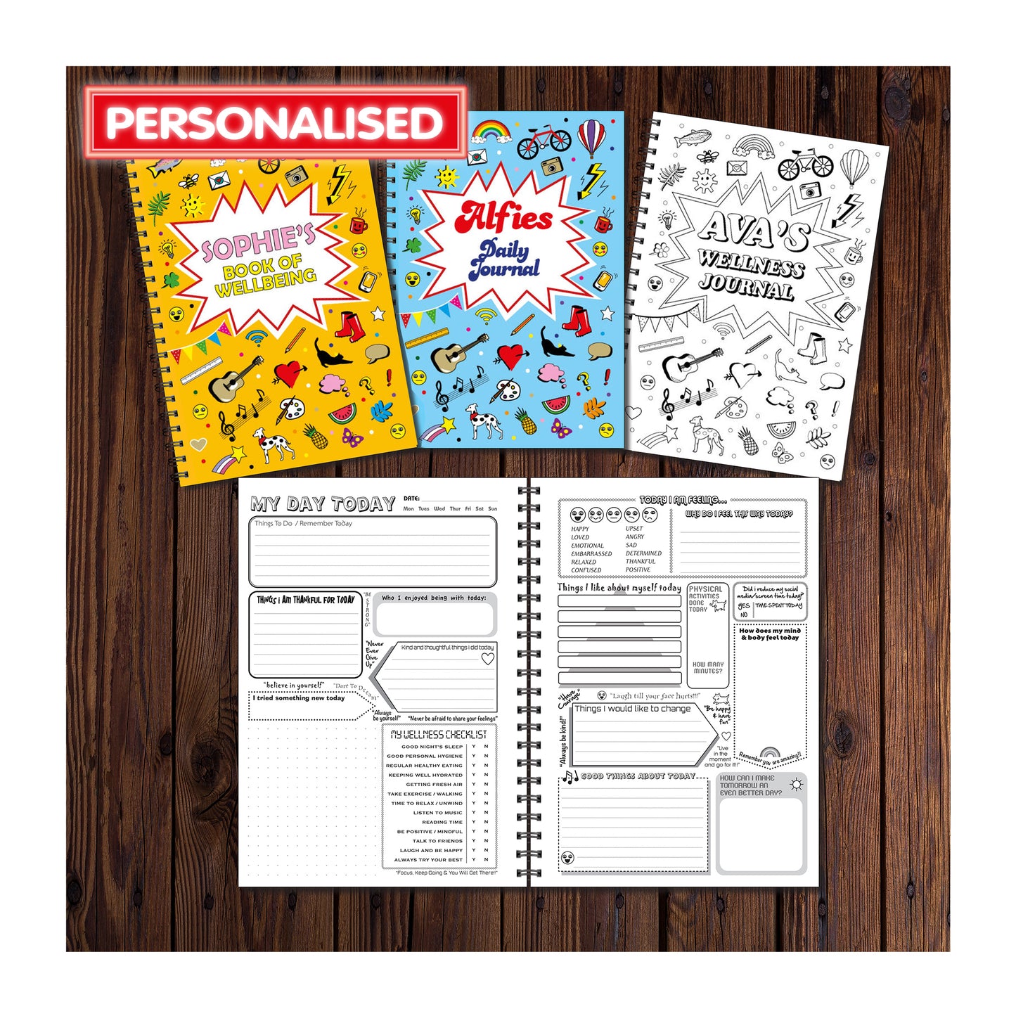 Personalised My Daily Wellness Journal | Teens | Adults | Kids | A5 148mm x 210mm | 50 pages printed to both sides | Split Wirobound