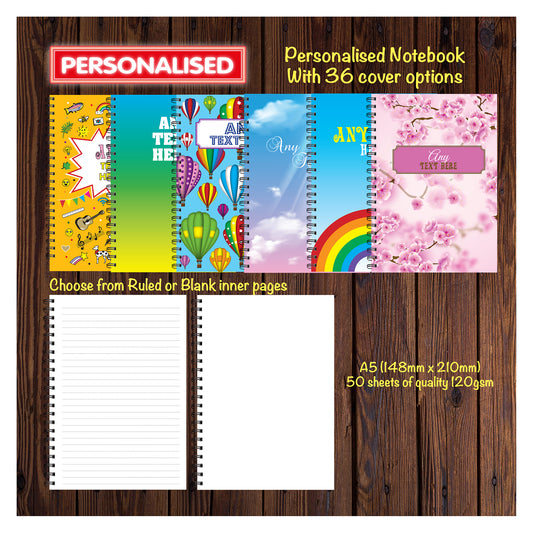 Personalised Note Book | Journal | Multi Purpose | Ruled or Blank Inners | A5 (148mm x 210mm) | 50 double sided pages on 120gsm | Split Wirobound