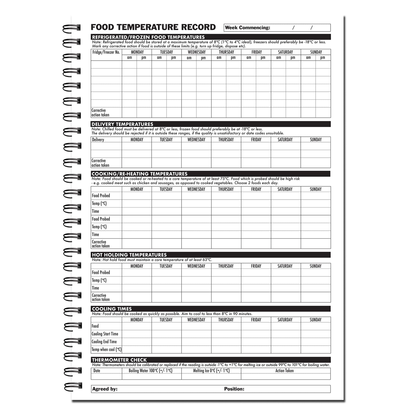 Lebensmitteltemperatur-Aufzeichnungsbuch A4 52Seiten 120gsm Wirobound