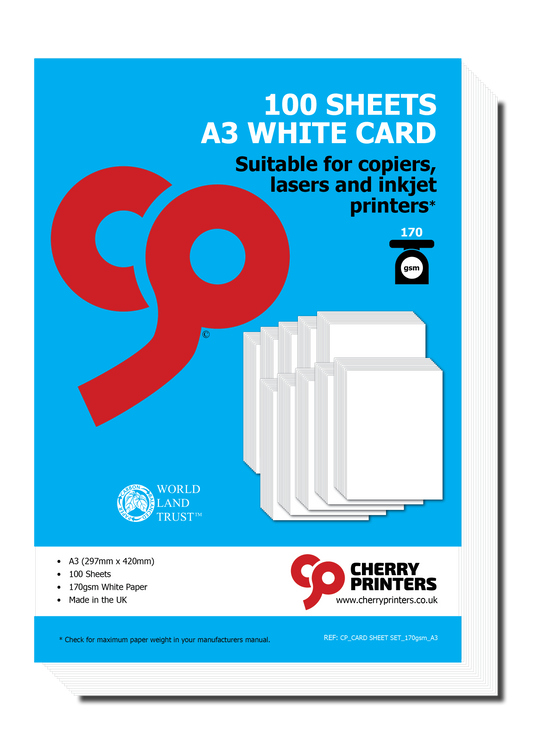 170gsm White Card Suitable for Copiers, Lasers and Inkjet Printers 100 Sheets