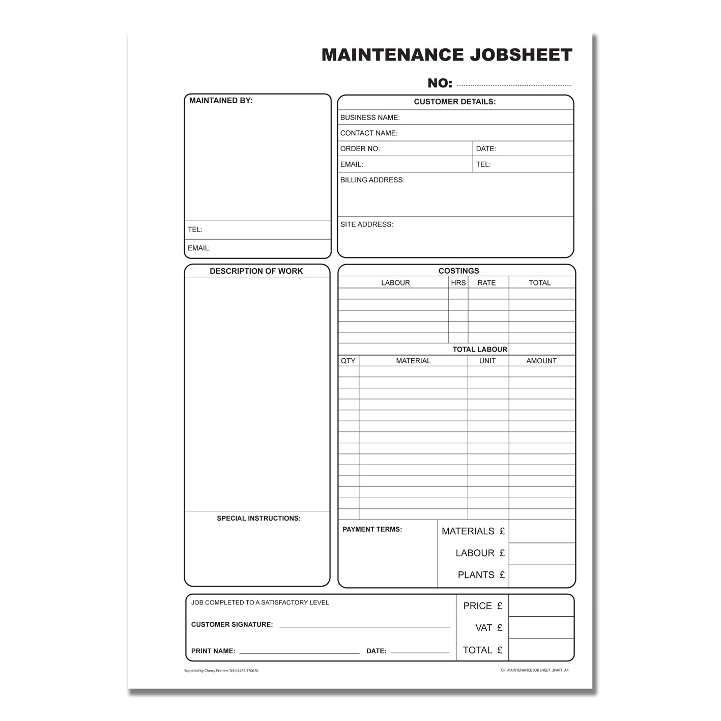 NCR Maintenance Job Sheet Book A4 Triplicate