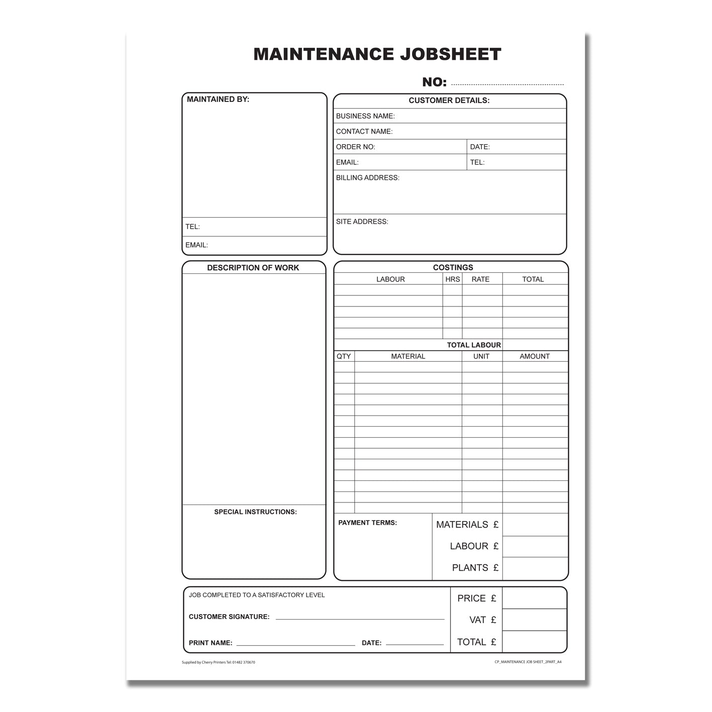 NCR Maintenance Job Sheet Book A4 Duplicate – Cherry Printers UK