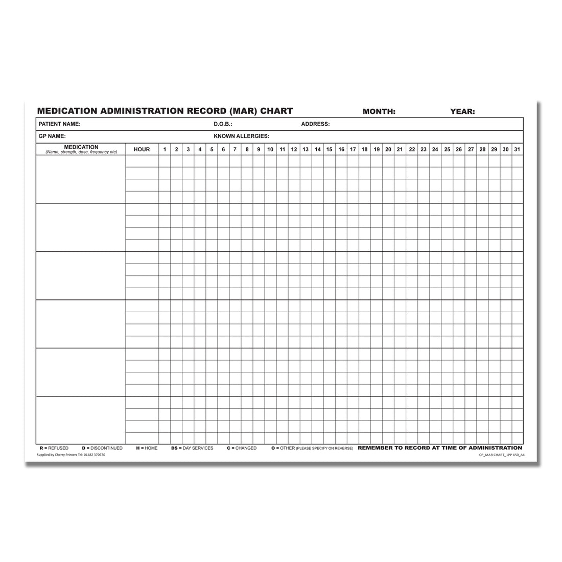 MAR Chart (Medication Administration Record) Pad A4 50pages 350gsm ...