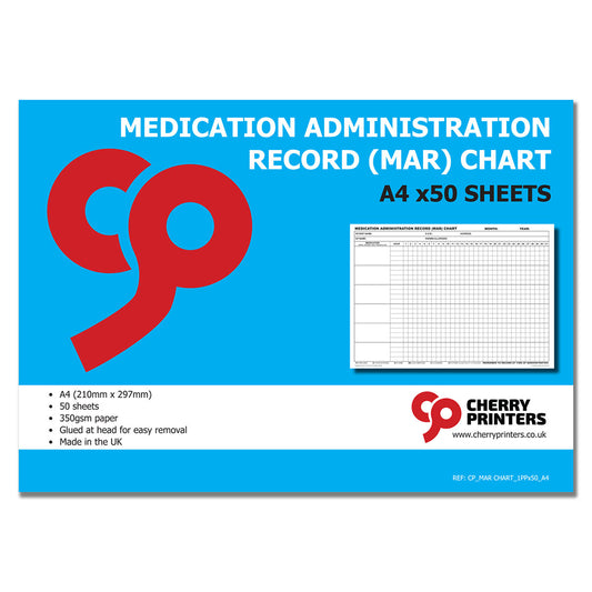MAR Chart (Medication Administration Record) Pad A4 50pages 350gsm