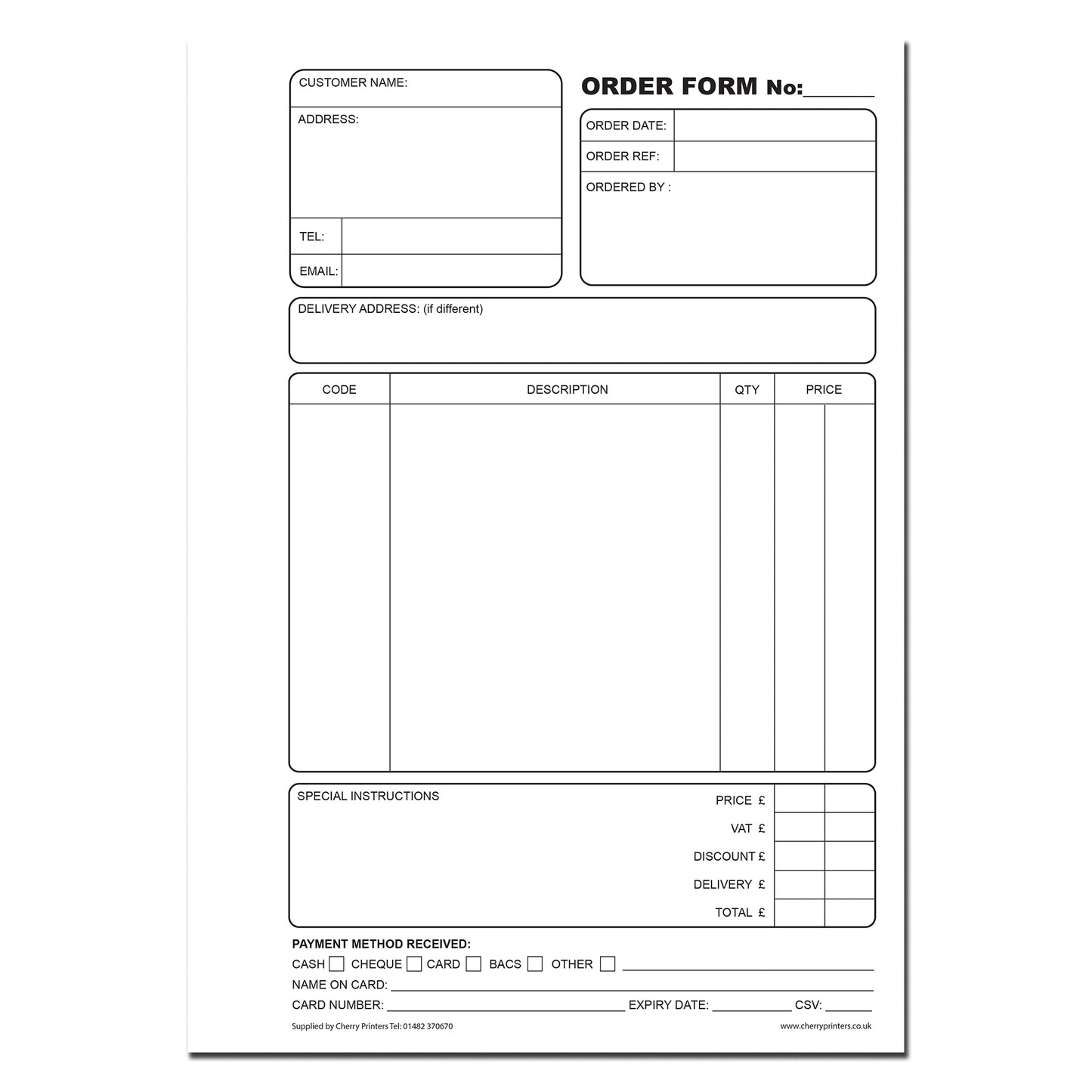 NCR Order Form Triplicate Book A4