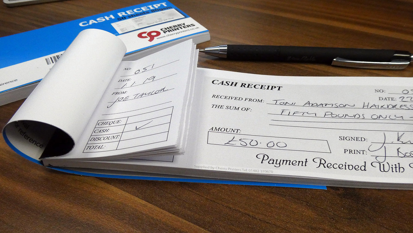 Cash Receipt Book - Cheque Book Style with stub 210mm x 74mm 50 pages