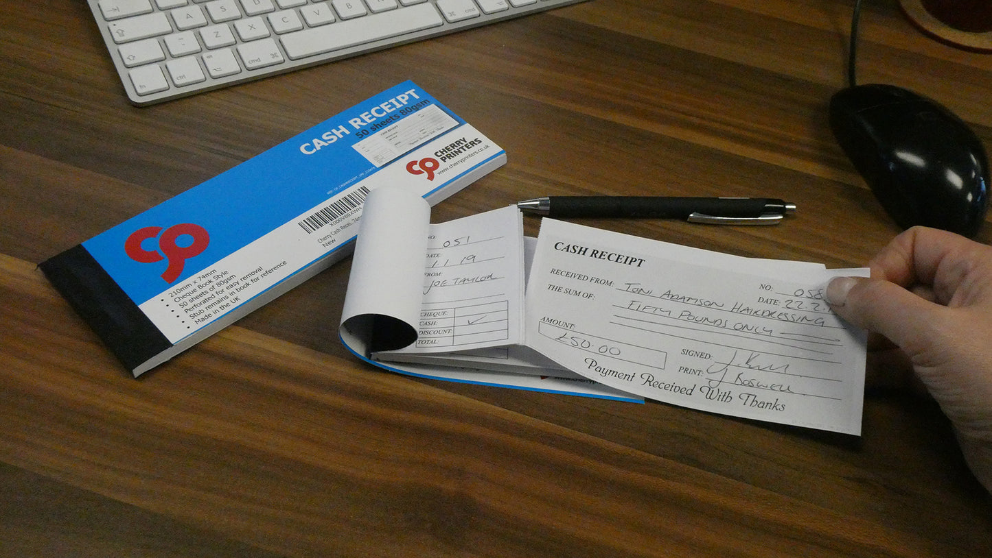 Cash Receipt Book - Cheque Book Style with stub 210mm x 74mm 50 pages