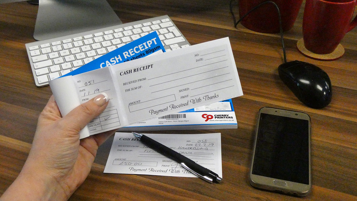 Cash Receipt Book - Cheque Book Style with stub 210mm x 74mm 50 pages