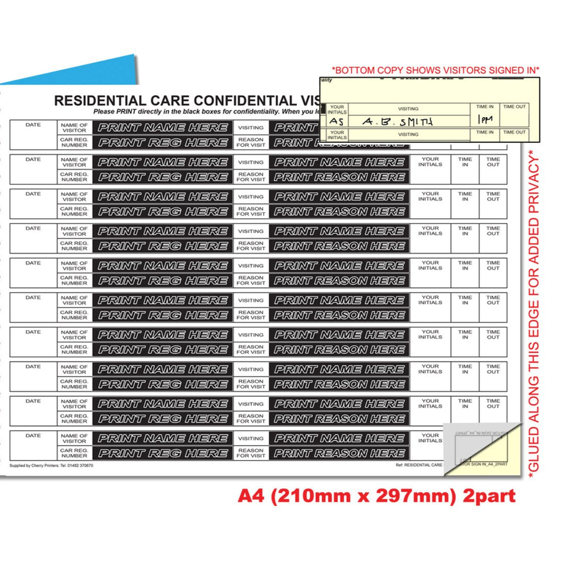 NCR Residential / Care Confidential Visitor Sign in Duplicate Wiro Book A4 50 sets GDPR
