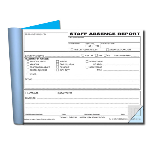 Staff Absence Report | Duplicate Book | 2 part | Carbonless | 50 Sets Per Book | A5 - 5.8" x 8.3" | BOX OF 40 BOOKS