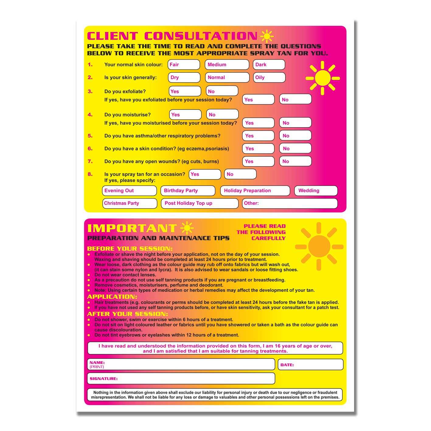 Spray Tan Consultation Record Card A5 4pp x20 350gsm