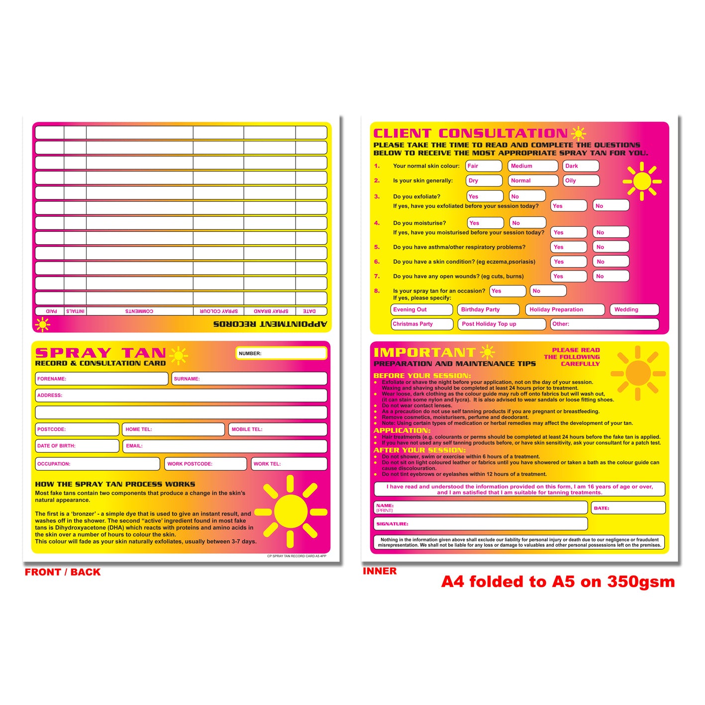 Spray Tan Consultation Record Card A5 4pp x20 350gsm