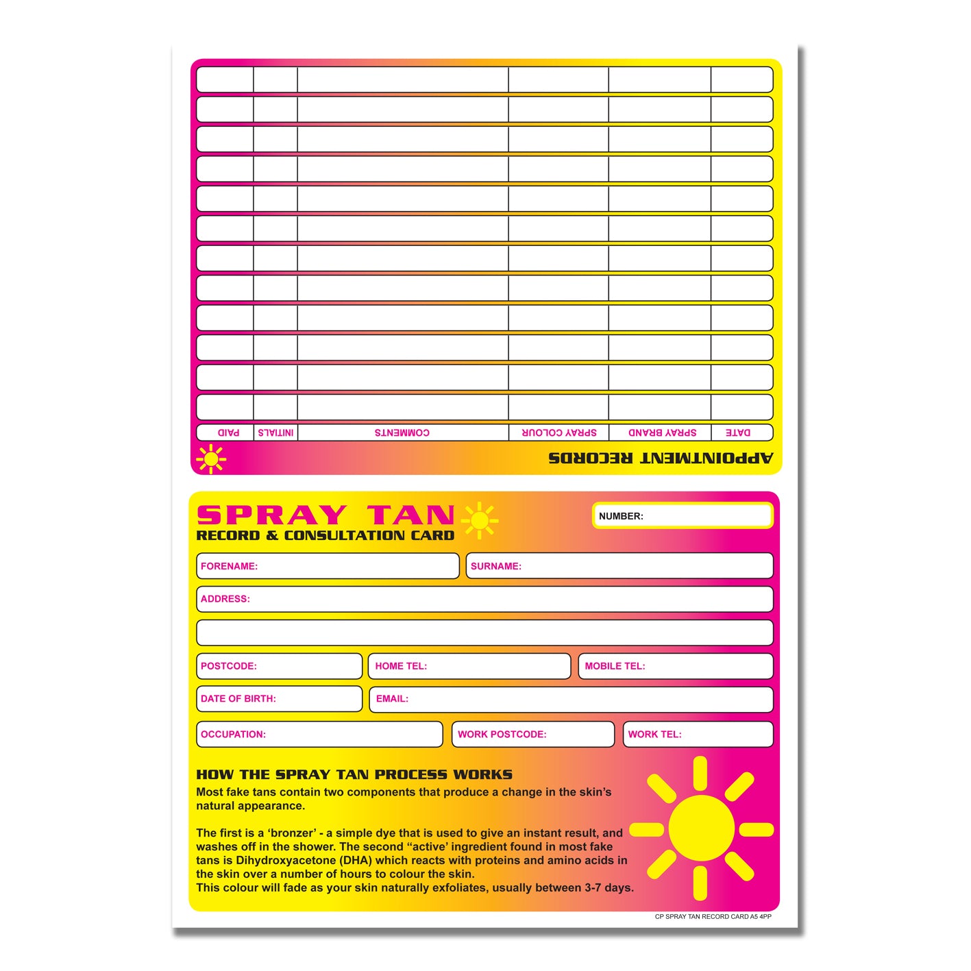 Spray Tan Consultation Record Card A5 4pp x20 350gsm