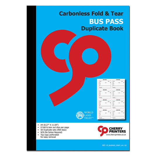 Bus Pass | Fold and Tear | Duplicate Book | 2 part | Carbonless | 400 slips Per Book | A4 - 8.27" x 11.69"