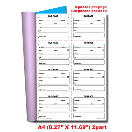 Bus Pass | Fold and Tear | Duplicate Book | 2 part | Carbonless | 400 slips Per Book | A4 - 8.27" x 11.69" | BOX OF 20 BOOKS