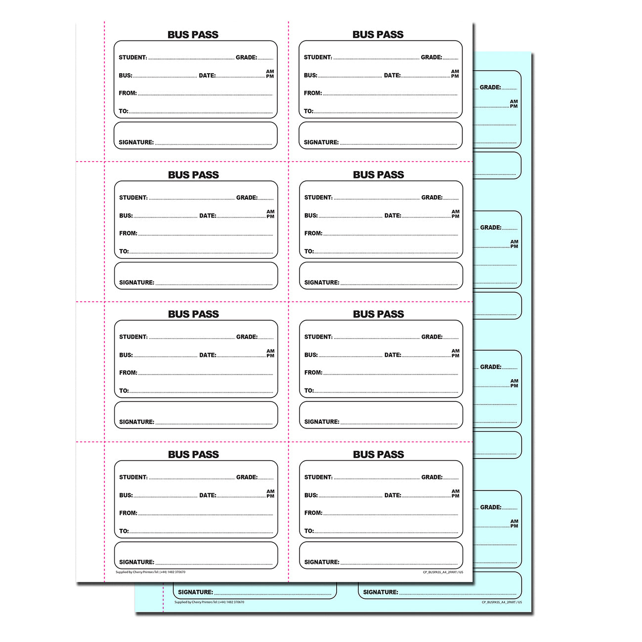 Bus Pass | Fold and Tear | Duplicate Book | 2 part | Carbonless | 400 slips Per Book | A4 - 8.27" x 11.69"