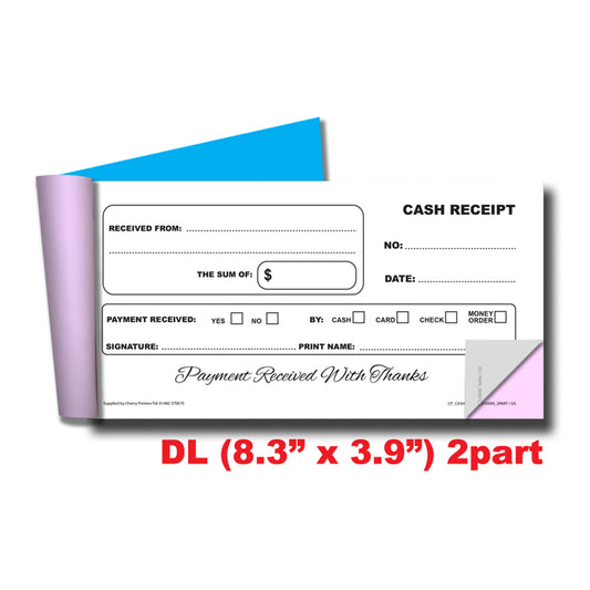 Cash Receipt | Duplicate Book | 2 part | Carbonless | 50 Sets Per Book | DL - 8.3" x 3.9" | BOX OF 60 BOOKS