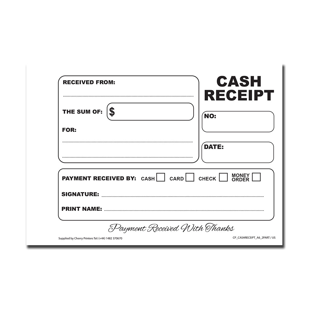 Cash Receipt | Duplicate Book | 2 part | Carbonless | 50 Sets Per Book | A6 - 5.8" x 4.1" | BOX OF 80 BOOKS
