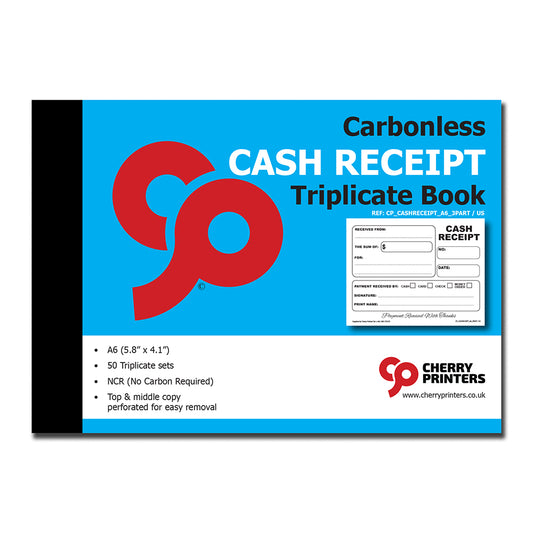 Cash Receipt | Triplicate Book | 3 part | Carbonless | 50 Sets Per Book | A6 - 5.8" x 4.1" | BOX OF 60 BOOKS