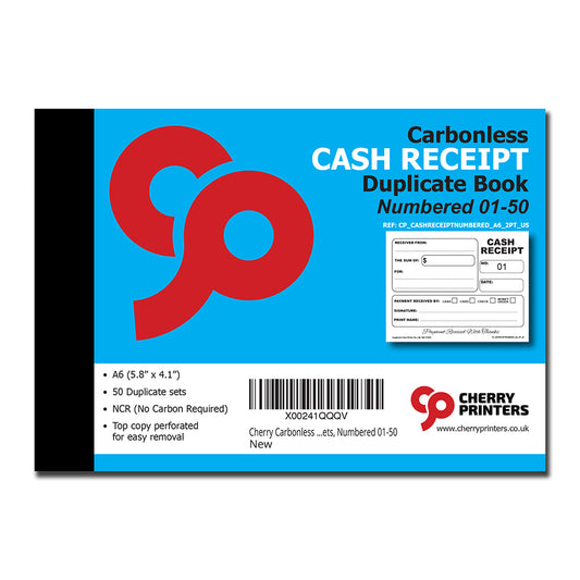 Cash Receipt Numbered 01-50 | Duplicate Book | 2 part | Carbonless | 50 Sets Per Book | A6 - 5.8" x 4.1" | BOX OF 80 BOOKS