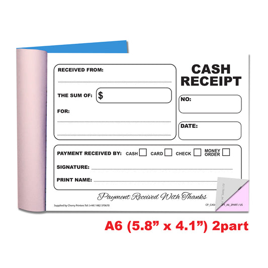 US Cash Receipt | Duplicate Book | 2 part | Carbonless | 50 Sets Per Book | A6 - 5.8" x 4.1"