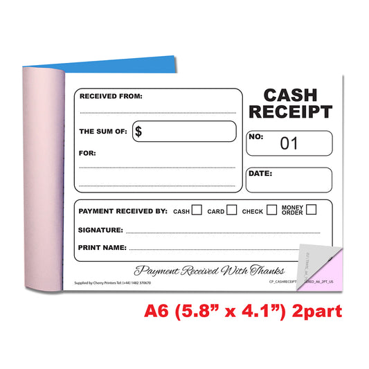 Cash Receipt Numbered 01-50 | Duplicate Book | 2 part | Carbonless | 50 Sets Per Book | A6 - 5.8" x 4.1" | BOX OF 80 BOOKS