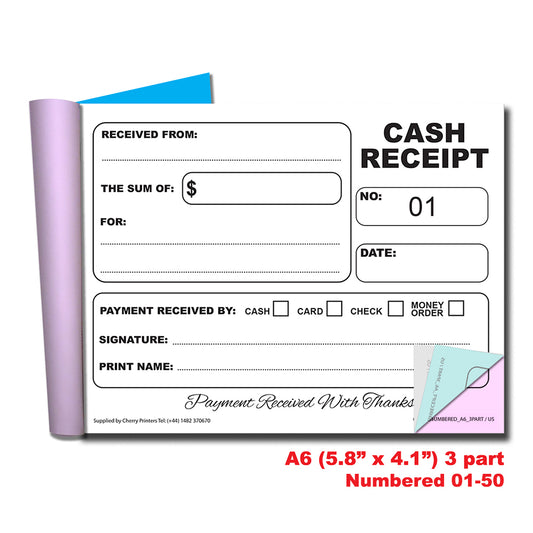 Cash Receipt Numbered 01-50 | Triplicate Book | 3 part | Carbonless | 50 Sets Per Book | A6 - 5.8" x 4.1" | BOX OF 60 BOOKS