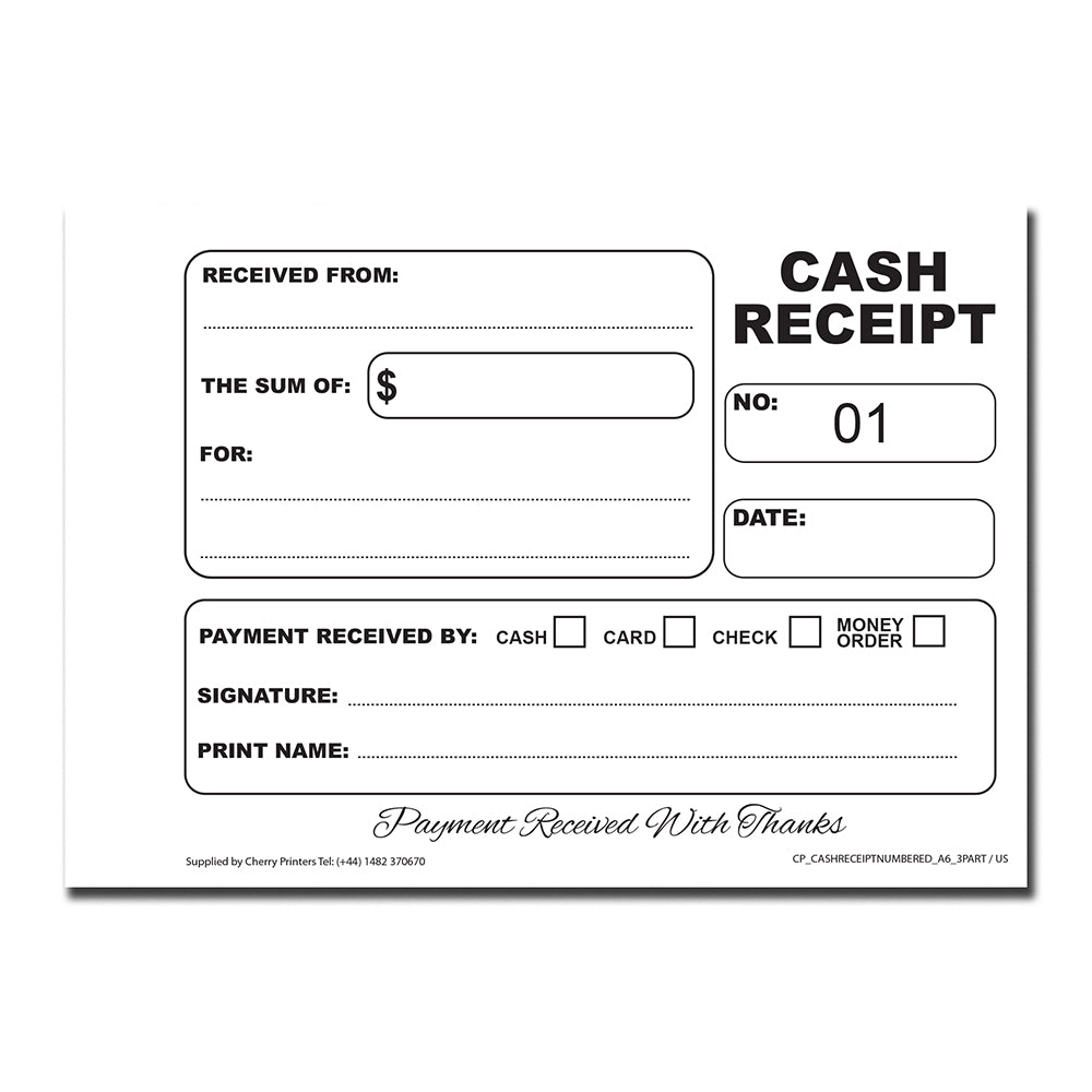 Cash Receipt Numbered 01-50 | Triplicate Book | 3 part | Carbonless | 50 Sets Per Book | A6 - 5.8" x 4.1" | BOX OF 60 BOOKS