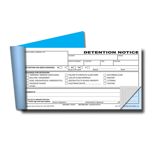 Detention Slip | Duplicate Book | 2 part | Carbonless | 50 Sets Per Book | DL - 8.3" x 3.9" | BOX OF 60 BOOKS