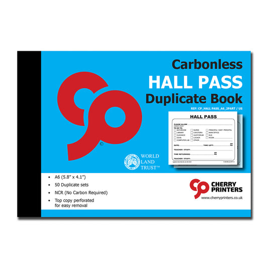 Hall Pass | Duplicate Book | 2 part | Carbonless | 50 Sets per Book | A6 - 5.8" x 4.1" | BOX OF 80 BOOKS