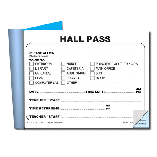 Hall Pass | Duplicate Book | 2 part | Carbonless | 50 Sets per Book | A6 - 5.8" x 4.1" | BOX OF 80 BOOKS