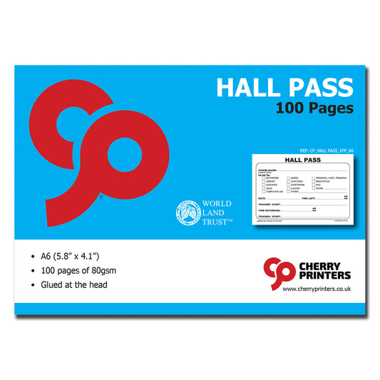 Hall Pass Pad | 100 Passes per pad | 80gsm Paper | A6 - 5.8" x 4.1" | BOX OF 80 PADS