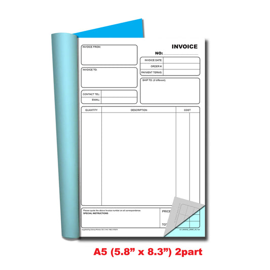 Invoice | Duplicate Book | 2 part | Carbonless | 50 Sets Per Book | A5 - 5.8" x 8.3" | BOX OF 40 BOOKS