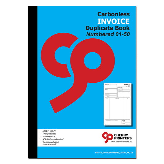 Invoice | Numbered 01-50 | Duplicate Book | 2 part | Carbonless | 50 Sets Per Book | A4 - 8.27" x 11.69" | BOX OF 20 BOOKS