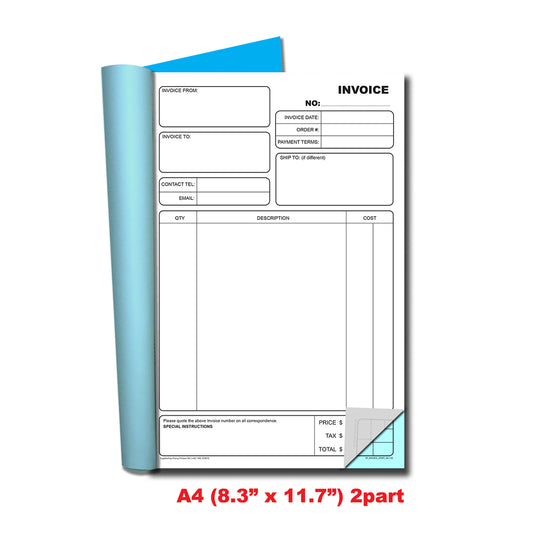 Invoice | Duplicate Book | 2 part | Carbonless | 50 Sets Per Book | A4 - 8.27" x 11.69" | BOX OF 20 BOOKS