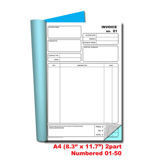 Invoice | Numbered 01-50 | Duplicate Book | 2 part | Carbonless | 50 Sets Per Book | A4 - 8.27" x 11.69" | BOX OF 20 BOOKS