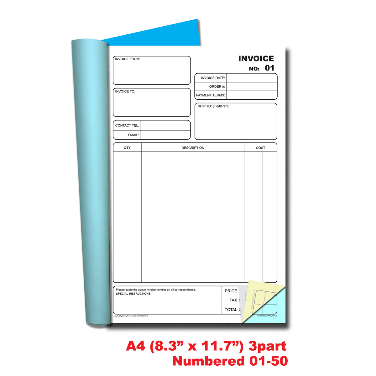 Invoice Numbered 01-50 | Triplicate Book | 3 part | Carbonless | 50 Sets Per Book | A4 - 8.27" x 11.69" | BOX OF 16 BOOKS