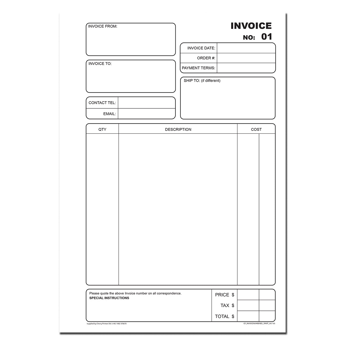 Invoice Numbered 01-50 | Triplicate Book | 3 part | Carbonless | 50 Sets Per Book | A4 - 8.27" x 11.69" | BOX OF 16 BOOKS