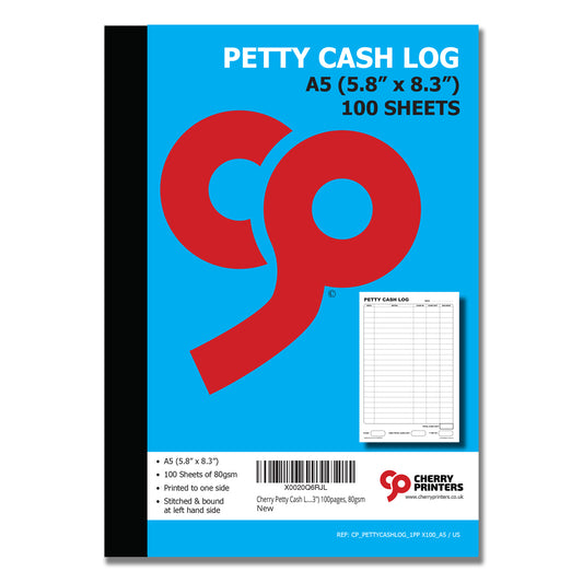 Petty Cash Log Book | 100 pages | 80gsm Paper | A5 - 5.8" x 8.3" | BOX OF 40 BOOKS