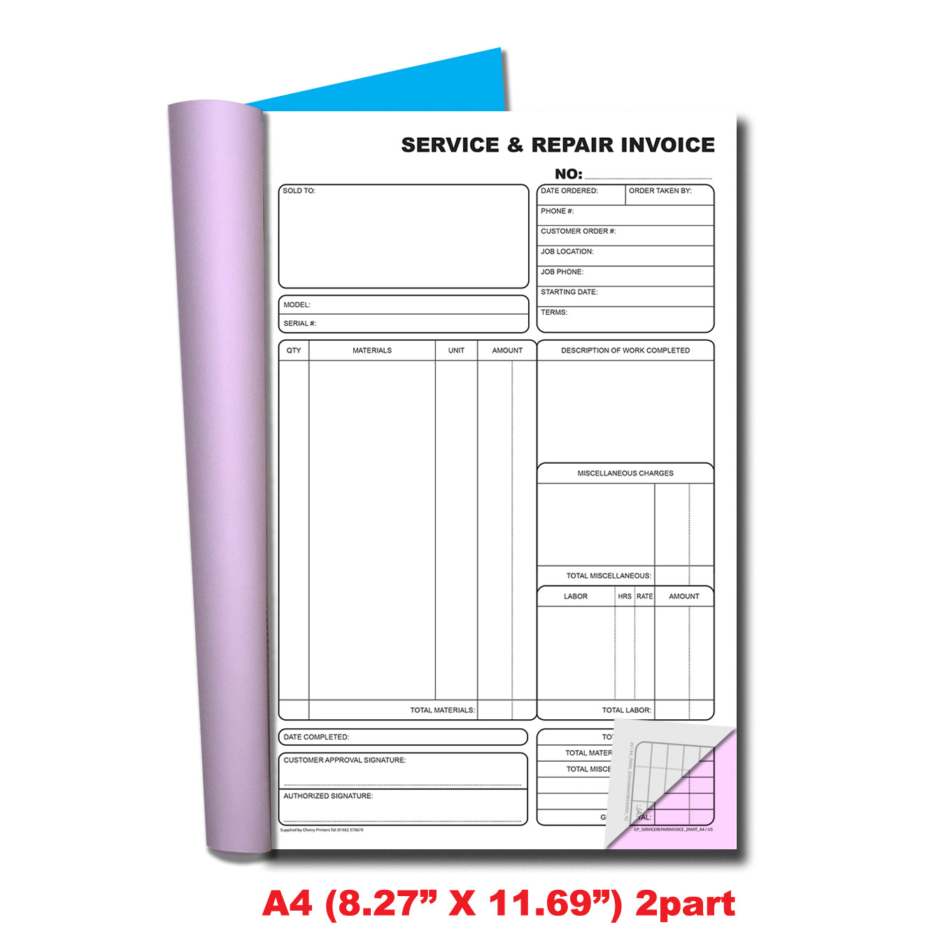 Service & Repair Invoice | Duplicate Book | 2 part | Carbonless | 50 Sets Per Book | A4 - 8.27" x 11.69" | BOX OF 20 BOOKS