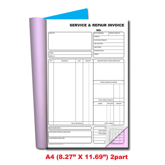 Service & Repair Invoice | Duplicate Book | 2 part | Carbonless | 50 Sets Per Book | A4 - 8.27" x 11.69" | BOX OF 20 BOOKS