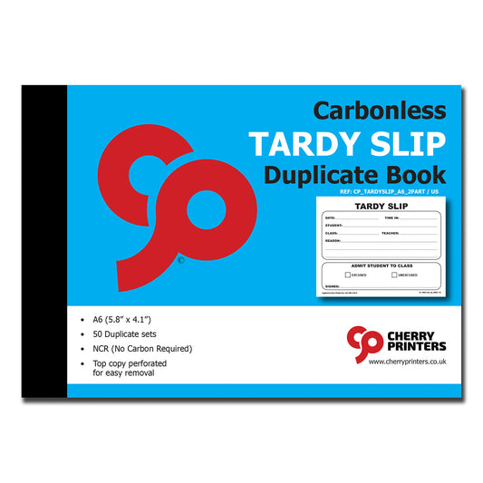 Tardy Slip | Duplicate Book | 2 part | Carbonless | 50 Sets Per Book | A6 - 5.8" x 4.1" | BOX OF 80 BOOKS