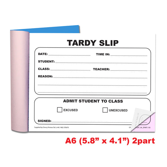 Tardy Slip | Duplicate Book | 2 part | Carbonless | 50 Sets Per Book | A6 - 5.8" x 4.1" | BOX OF 80 BOOKS